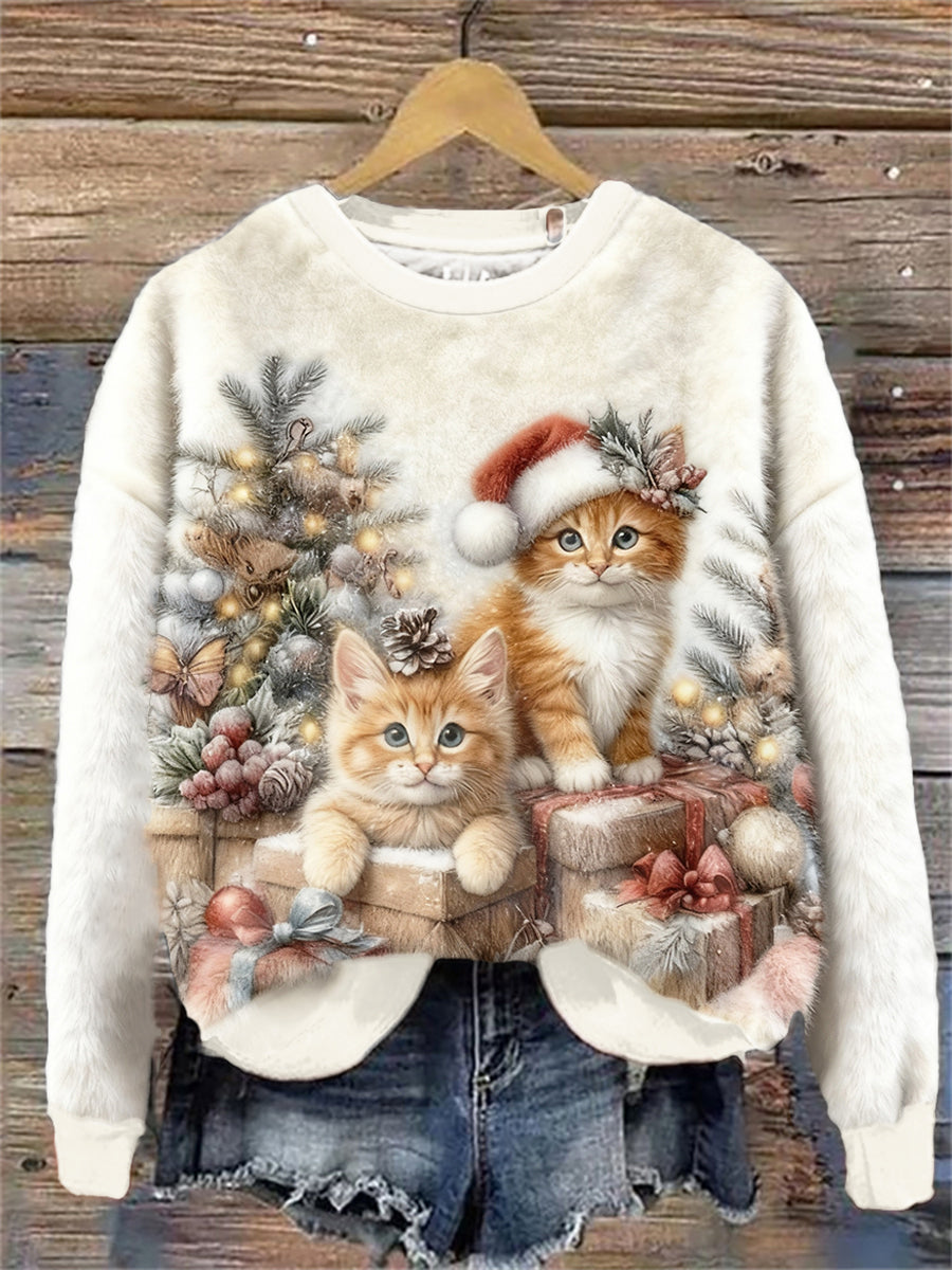 Sweat à Capuche en Flanelle Art Chats de Noël Femme