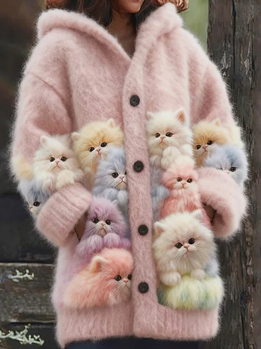 Cardigan à capuche confortable pour femmes Chats colorés Fuzzy