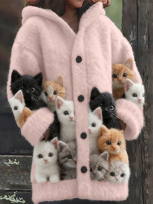Cardigan à capuche confortable pour femmes Chats colorés Fuzzy