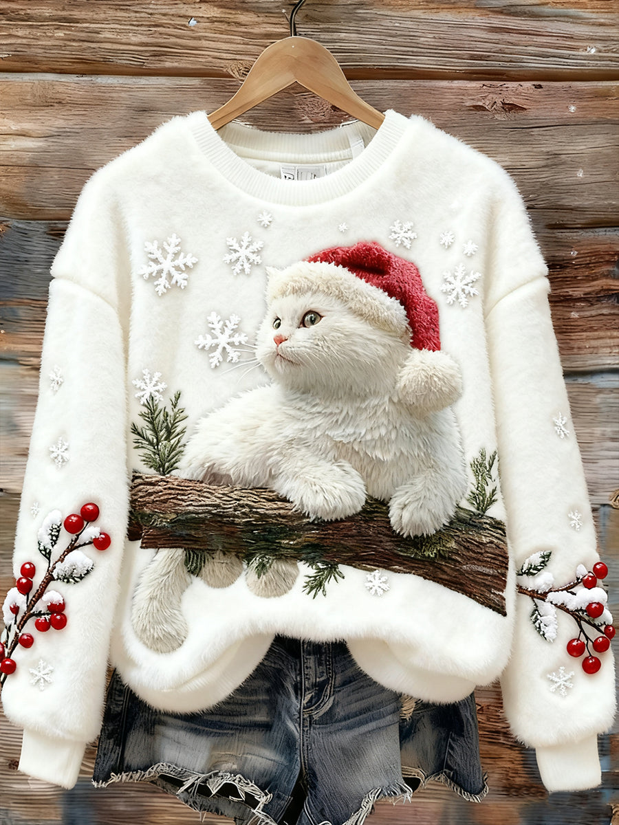 Mignon Noël Chat Art Imprimer Flanelle Casual Sweatshirt
