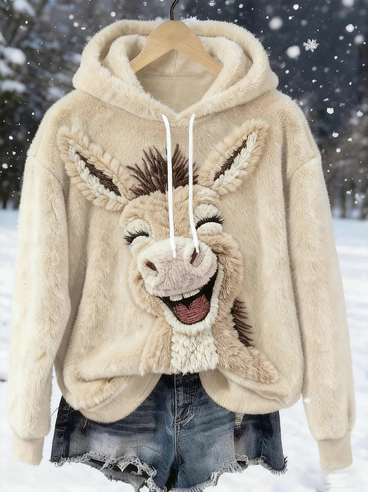 Sweat à capuche décontracté en flanelle pour femmes, imprimé d'art d'âne souriant
