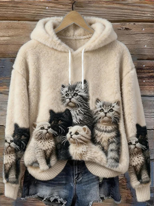 Sweat-shirt en flanelle à imprimé chat mignon pour femmes
