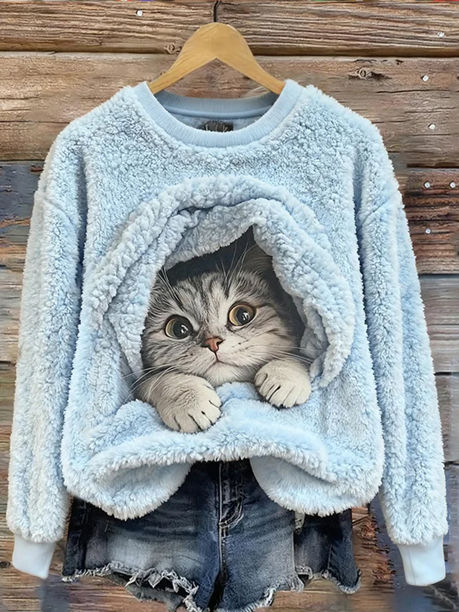 Mignon hiver chat Art Print Casual Flannel Sweatshirt des femmes