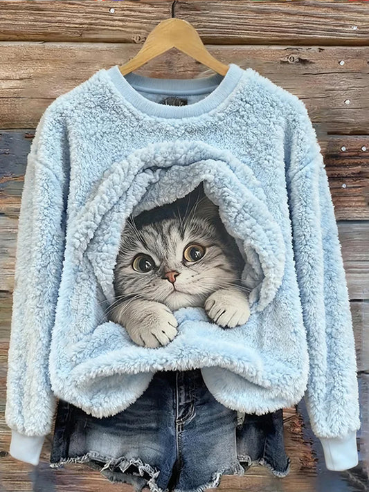 Mignon hiver chat Art Print Casual Flannel Sweatshirt des femmes
