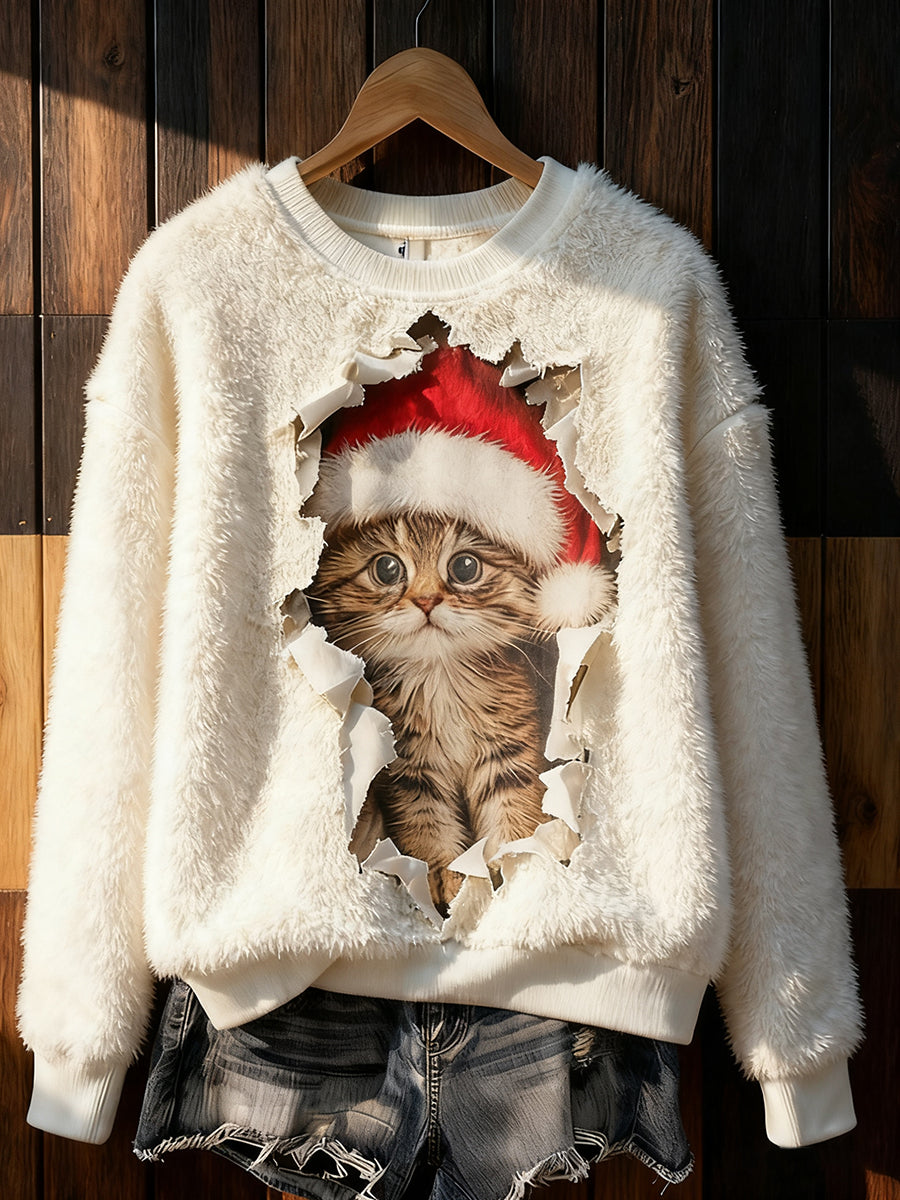 Mignon Noël Chat Art Imprimer Flanelle Casual Sweatshirt