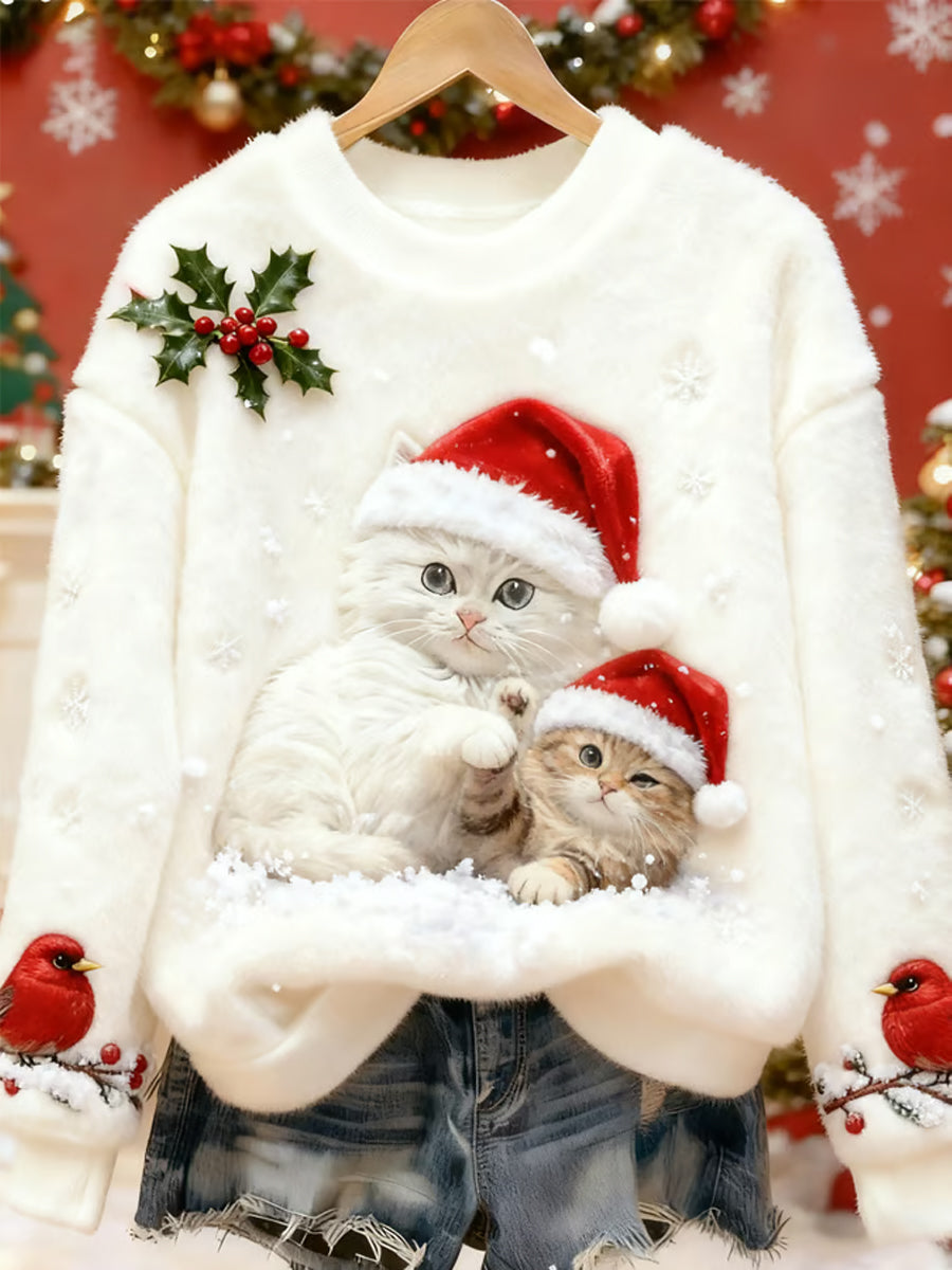 Mignon Noël Chat Art Imprimer Flanelle Casual Sweatshirt