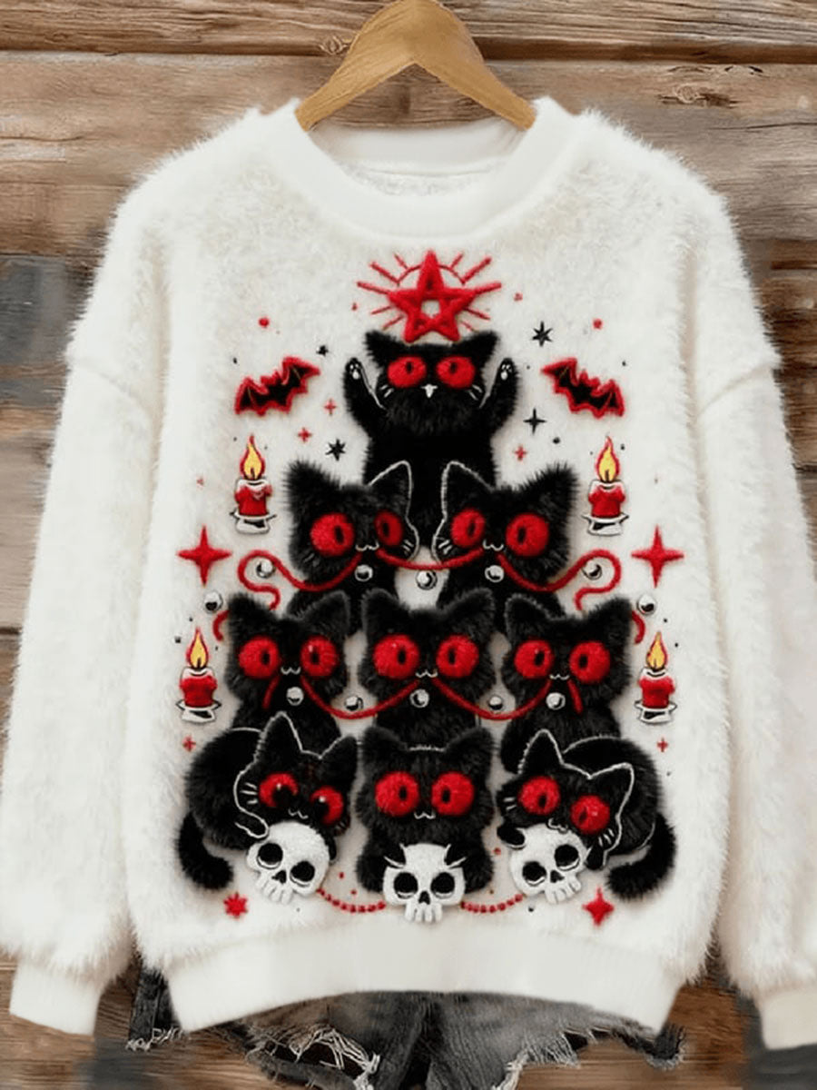 Sweat à Capuche Femme Chat Noir Arbre de Noël En Flanelle