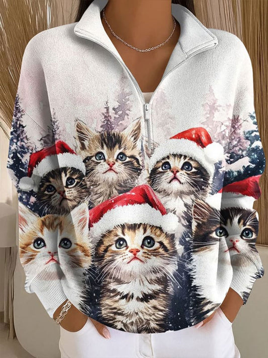 Femme Aquarelle Noël Chat Imprimer Zipper Crewneck Sweatshirt