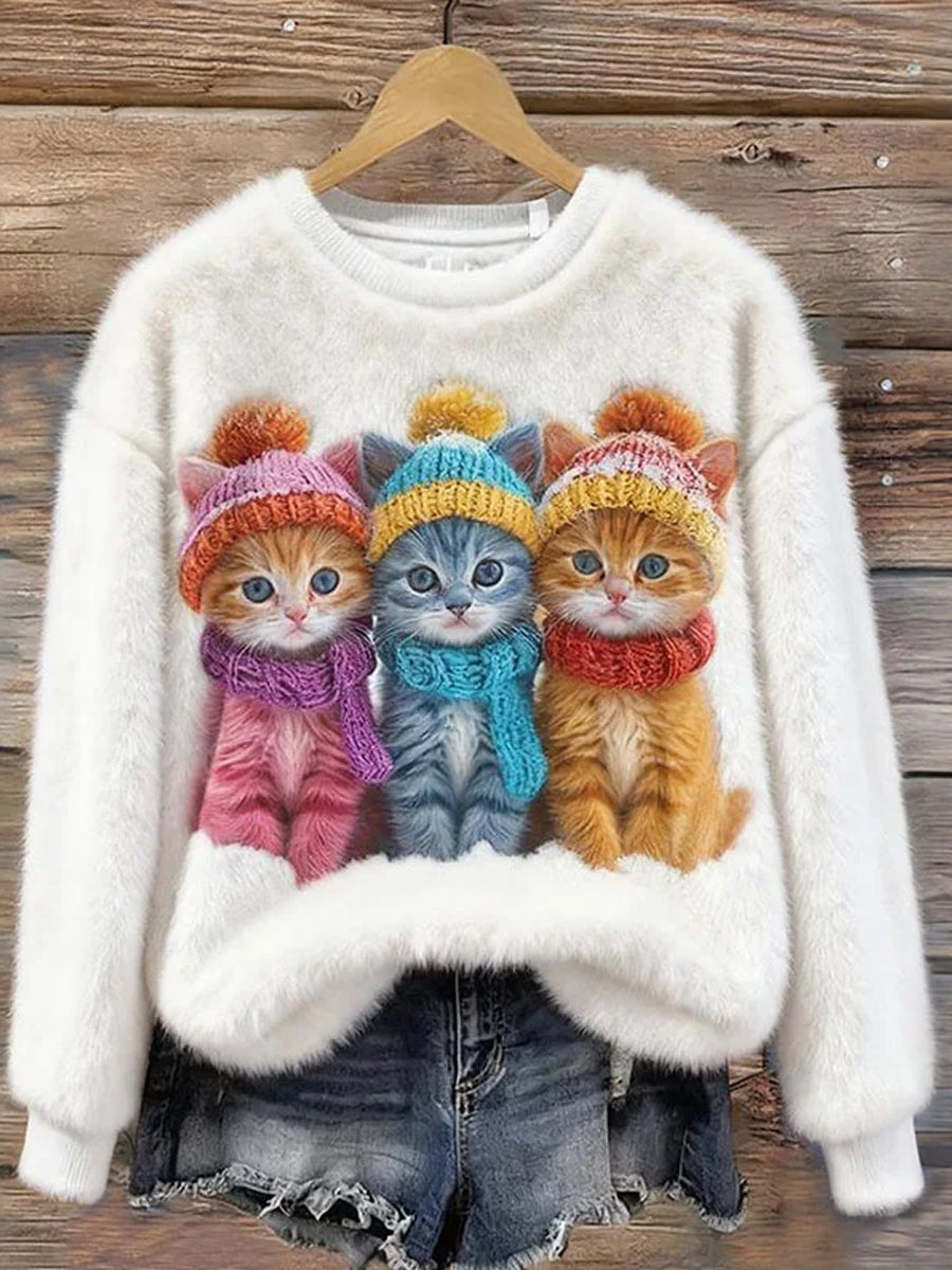 Sweat-shirt en flanelle à imprimé chat mignon pour femmes