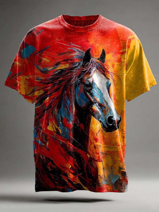 T-shirt décontracté à manches courtes rétro imprimé cheval abstrait