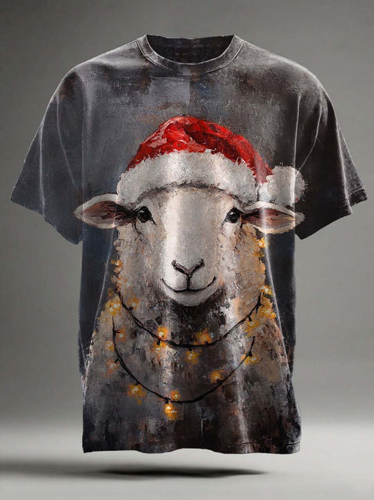 T-shirt décontracté imprimé agneau de Noël à manches courtes