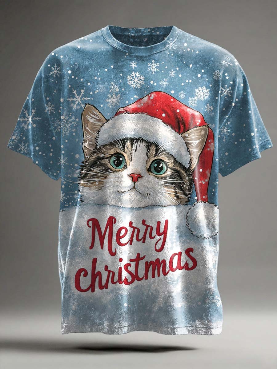 T-shirt décontracté à manches courtes et imprimé chat de Noël