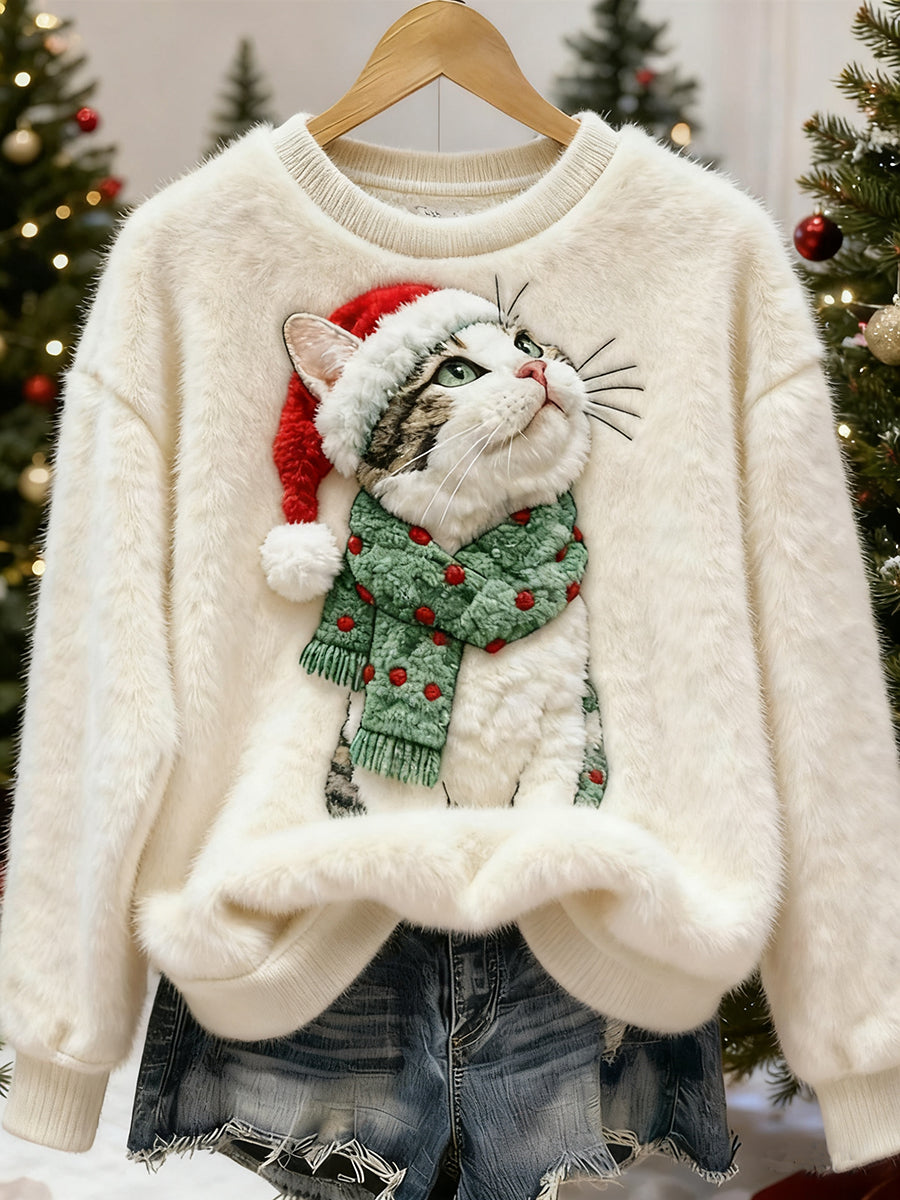 Mignon Noël Chat Art Imprimer Flanelle Casual Sweatshirt