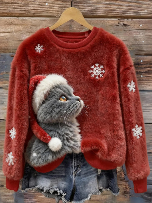 Mignon Noël Chat Art Imprimer Flanelle Casual Sweatshirt