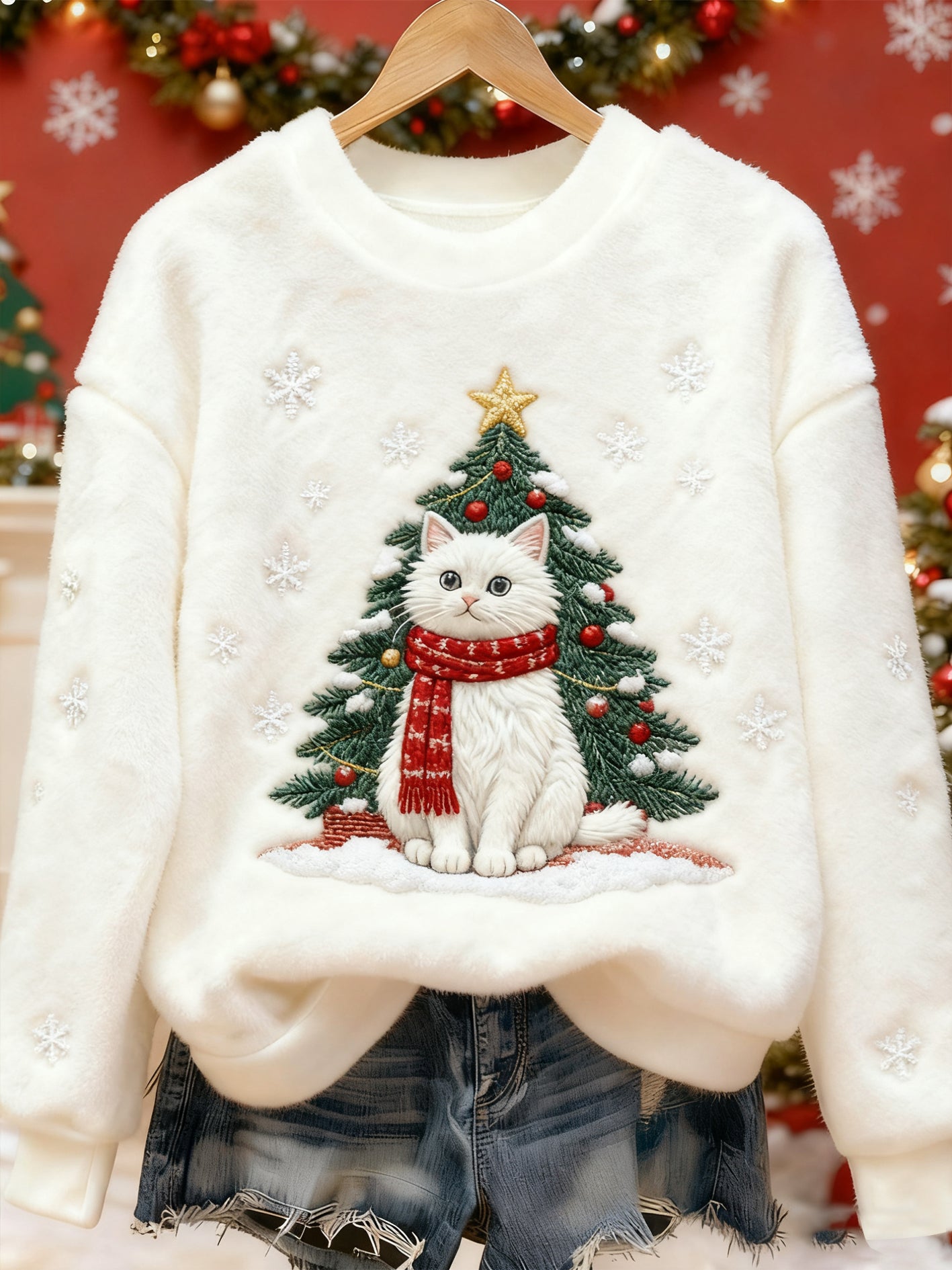 Pull décontracté en flanelle imprimé Art animal mignon de Noël pour femmes
