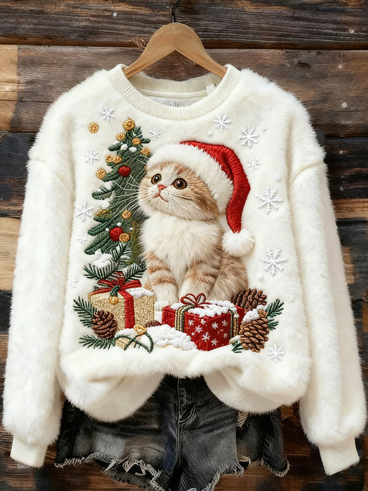 Mignon Noël Chat Art Imprimer Flanelle Casual Sweatshirt