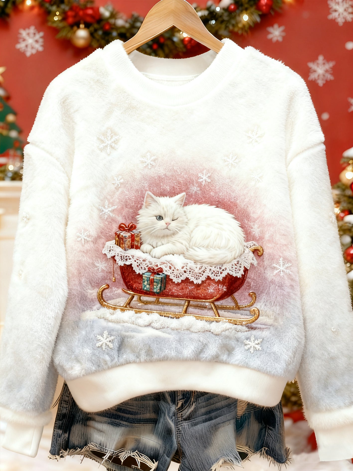 Pull décontracté en flanelle imprimé Art animal mignon de Noël pour femmes