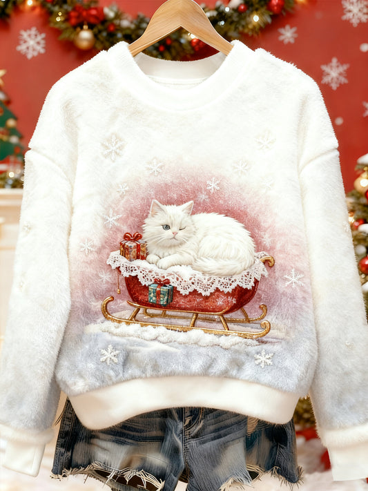 Pull décontracté en flanelle imprimé Art animal mignon de Noël pour femmes