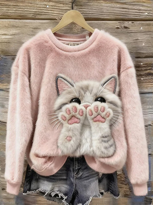 Sweat-shirt en flanelle à imprimé chat mignon pour femmes