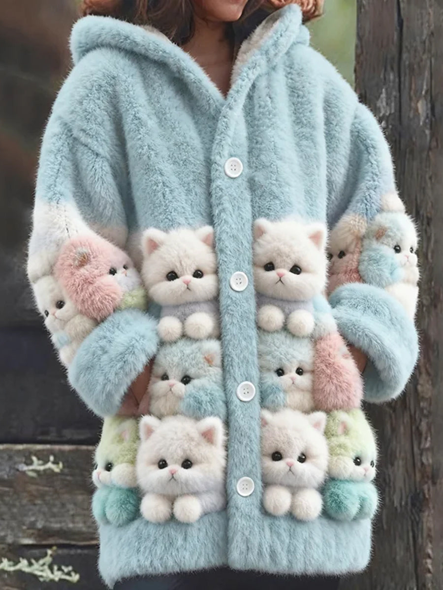 Manteau à capuche en peluche mi-long à imprimé de chats mignons pour femmes