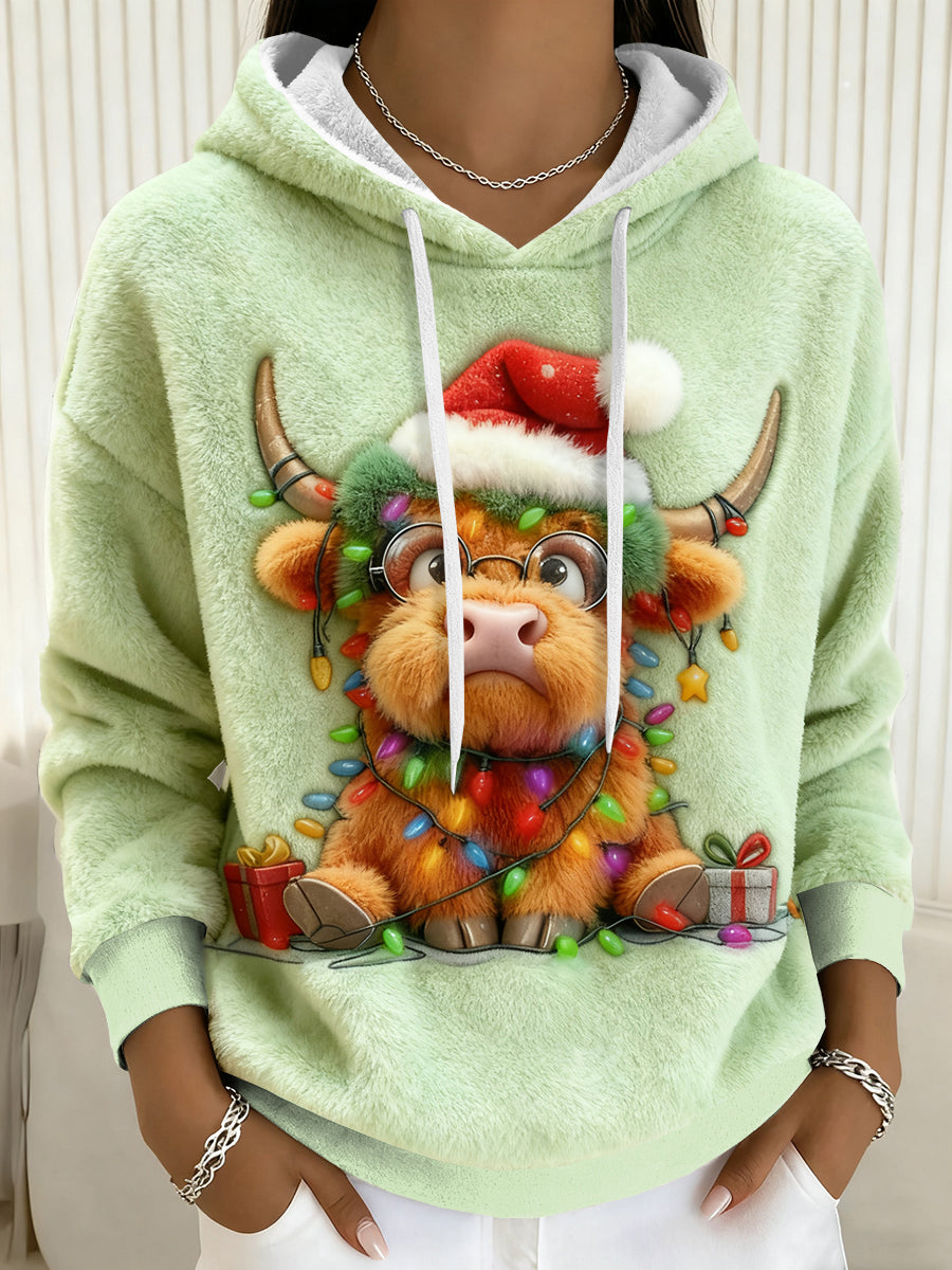 Sweat à capuche en flanelle de Noël Highland Cow Femme
