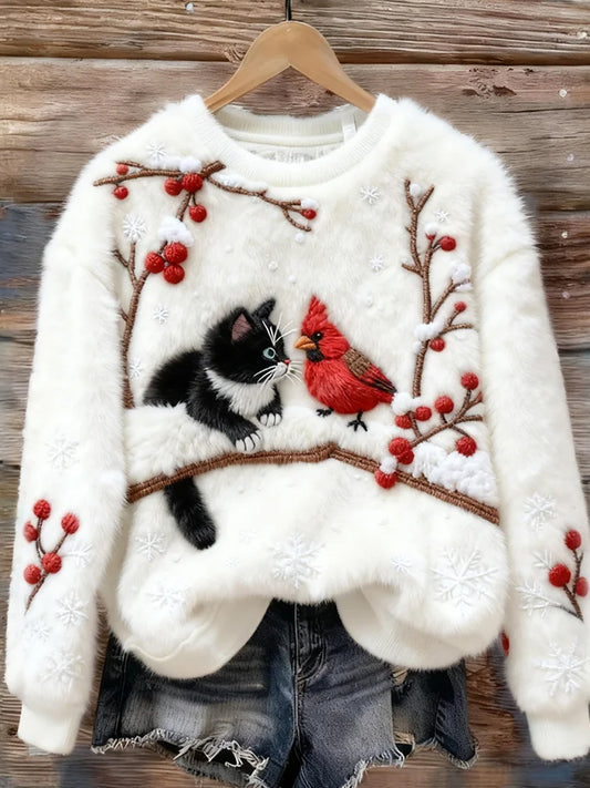 Top Décontracté en Flanelle Imprimé Art de Noël Animal Rétro Femme