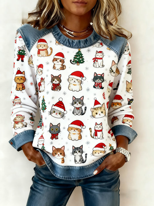 Les femmes de Noël Vintage Cat Denim Patchwork Sweatshirt