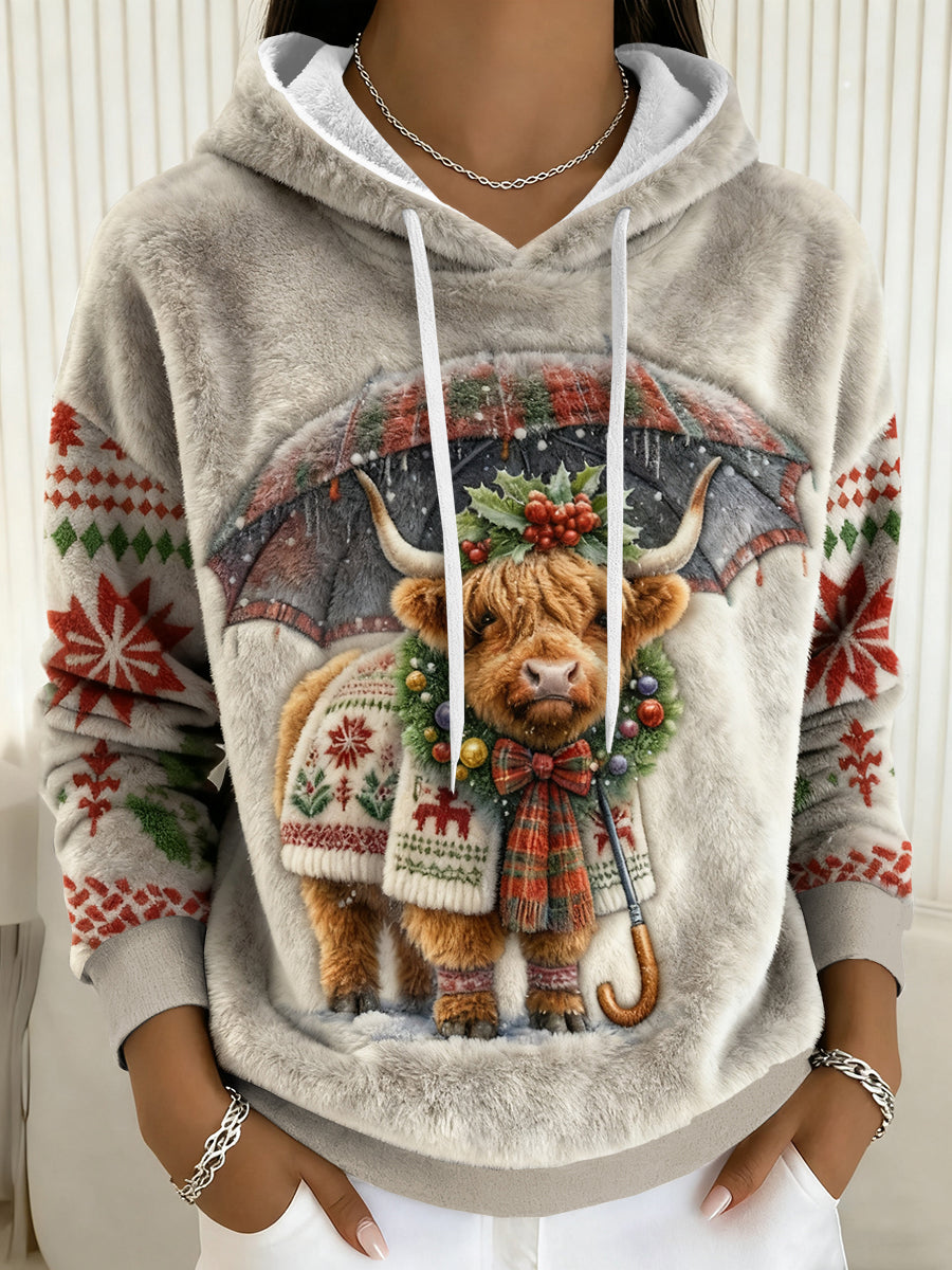Sweat à capuche en flanelle de Noël Highland Cow Femme