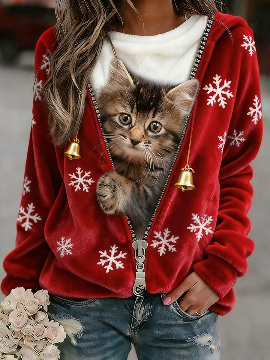 Top Décontracté en Flanelle Imprimé Art de Noël Animal Rétro Femme