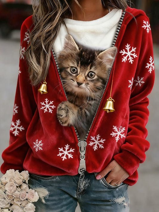 Top Décontracté en Flanelle Imprimé Art de Noël Animal Rétro Femme