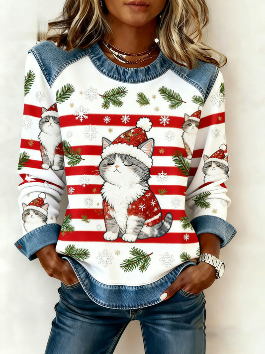 Les femmes de Noël Vintage Cat Denim Patchwork Sweatshirt