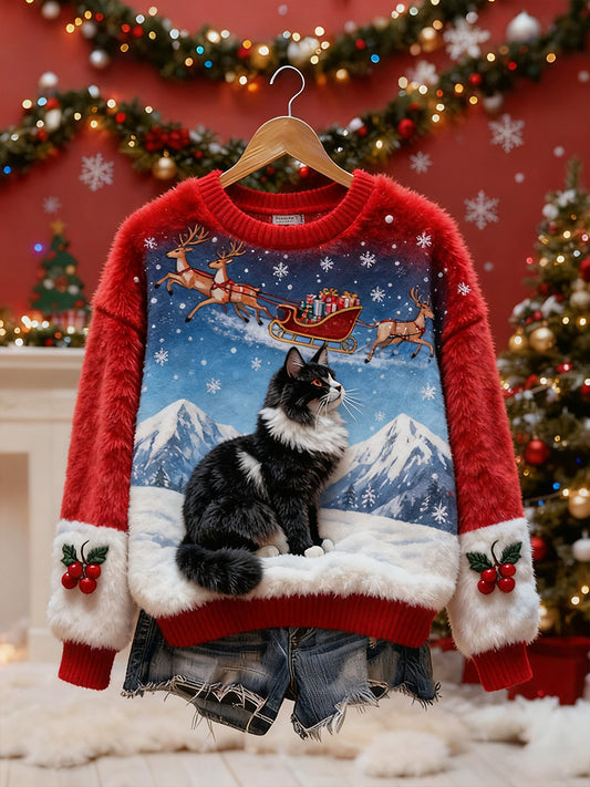 Top Décontracté en Flanelle Imprimé Art de Noël Animal Rétro Femme