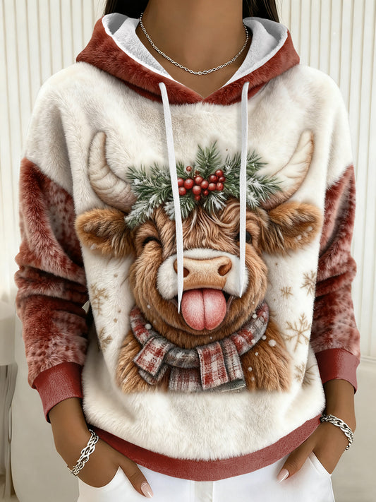 Sweat à capuche en flanelle de Noël Highland Cow Femme