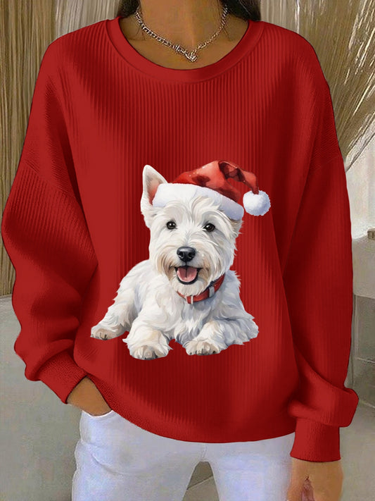 Chandail de Noël Westie West Highland à col rond côtelé pour femme, Terrier, blanc