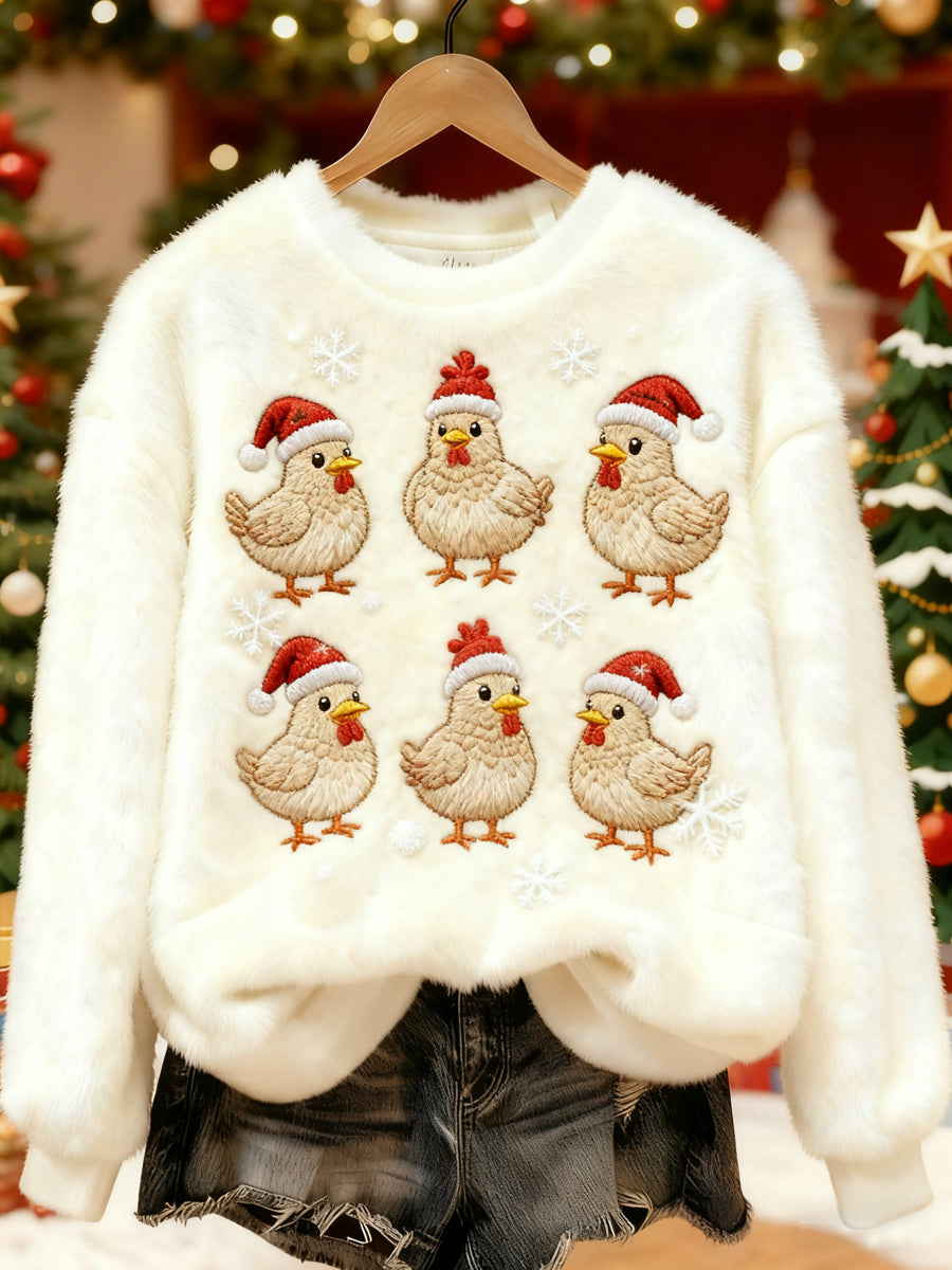 Les poulets de Noël mignons des femmes Imprimer Flanelle Casual Sweatshirt