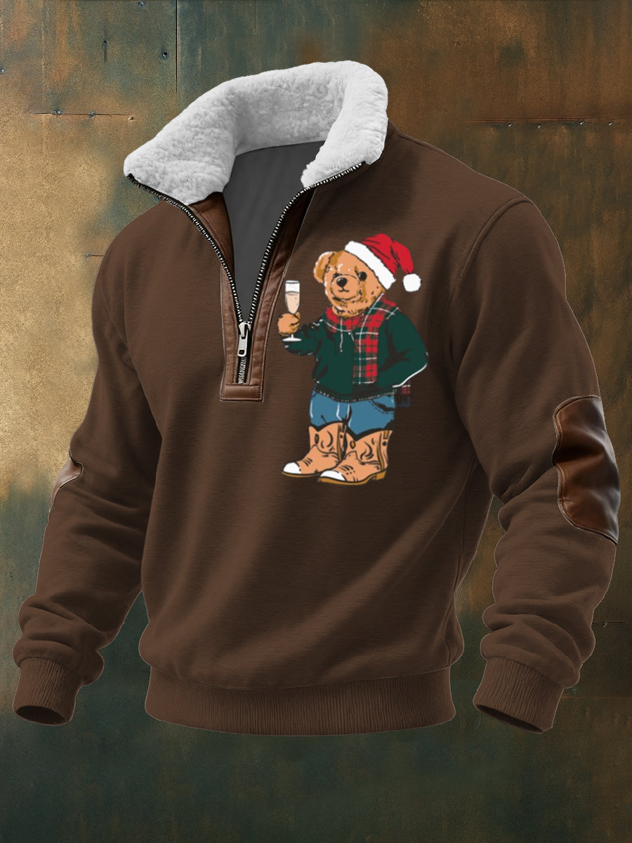 Veste Homme Marron Zippée Doublée En Sherpa Imprimé Ours De Noël