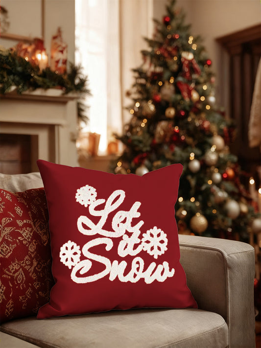 Coussin décoratif rouge "Let It Snow" à imprimé flocon de neige
