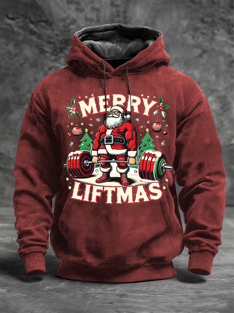 Sweat à Capuche Homme Rouge "Merry Liftmas" Père Noël Haltérophilie