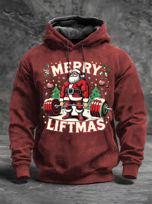 Sweat à Capuche Homme Rouge "Merry Liftmas" Père Noël Haltérophilie