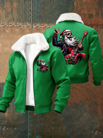 Hommes de Noël Rock Santa Claus Imprimer col de fourrure Zip-Up Jacket