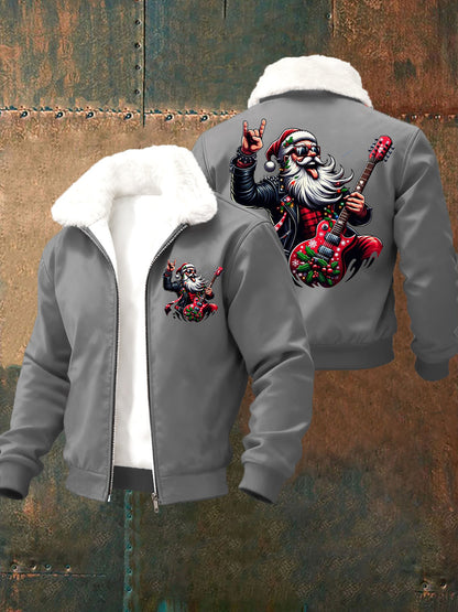 Hommes de Noël Rock Santa Claus Imprimer col de fourrure Zip-Up Jacket