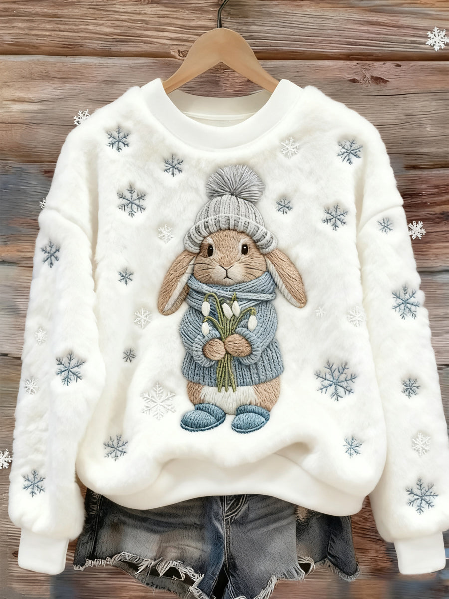 Sweat-shirt en flanelle décontracté à imprimé lapin d'hiver pour femmes
