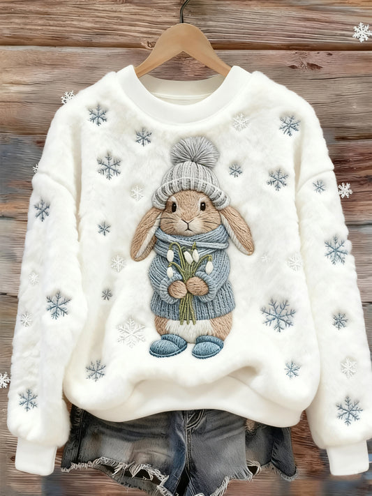 Sweat-shirt en flanelle décontracté à imprimé lapin d'hiver pour femmes
