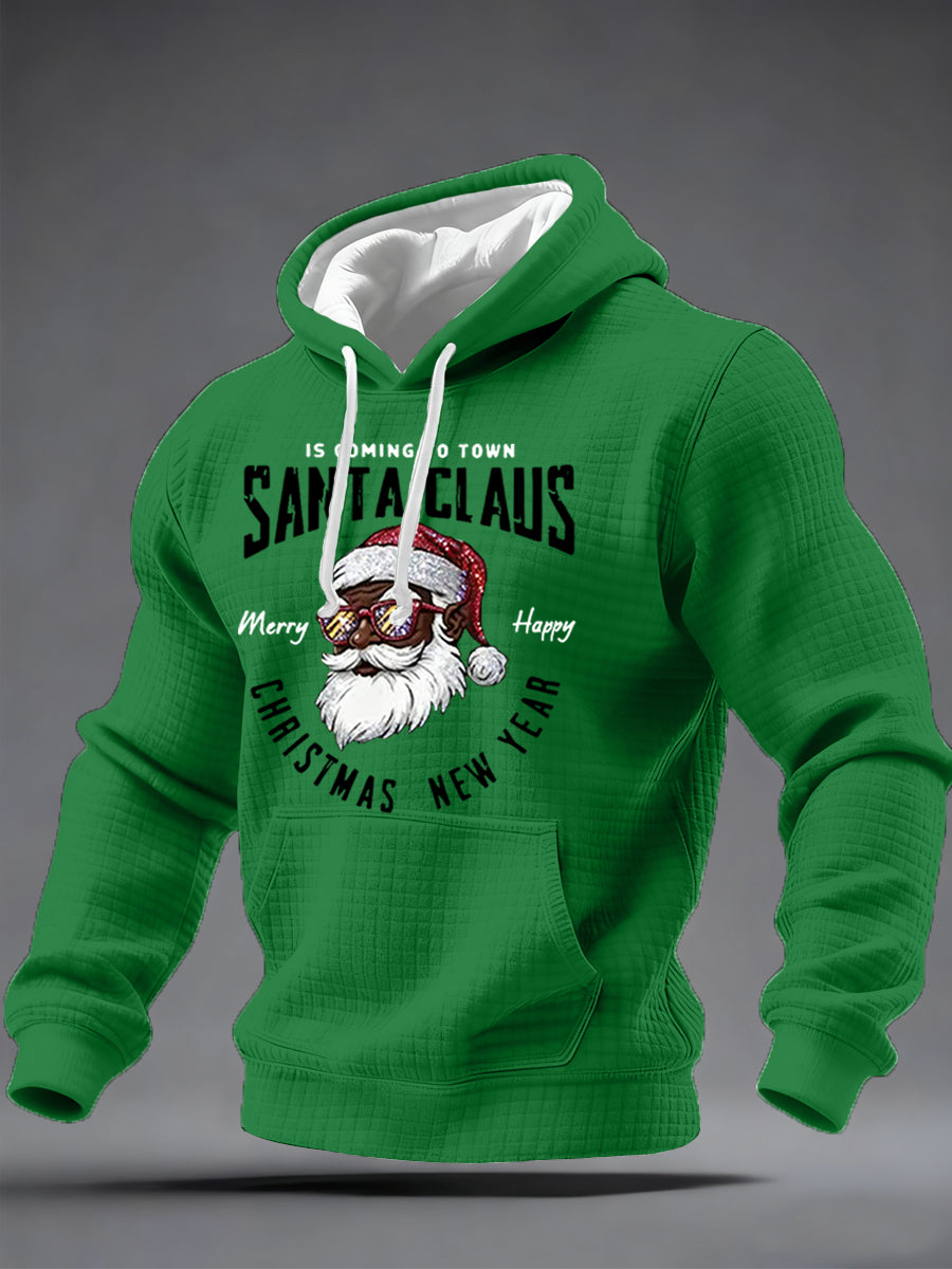 Sweat à capuche décontracté à carreaux pour hommes avec imprimé Père Noël noir