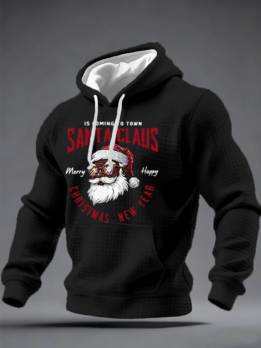 Sweat à capuche décontracté à carreaux pour hommes avec imprimé Père Noël noir