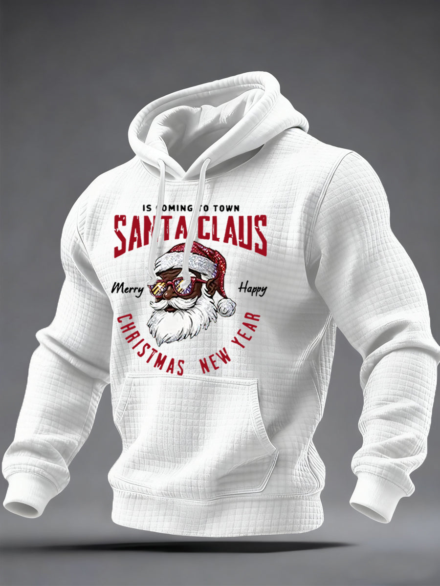 Sweat à capuche décontracté à carreaux pour hommes avec imprimé Père Noël noir