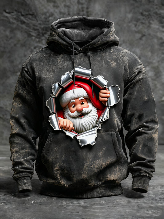 Sweat à Capuche Homme Noir Déchirant Imprimé Père Noël