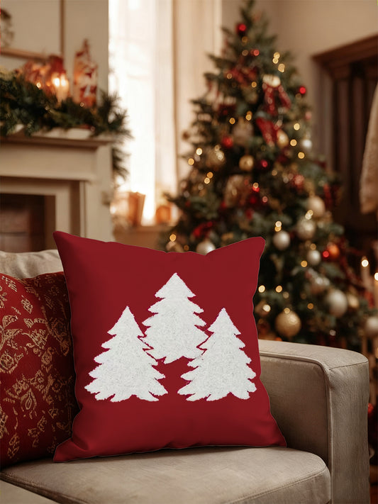 Coussin rouge imprimé arbre de noël
