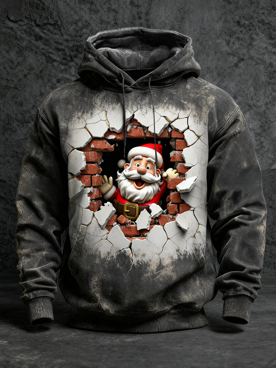 Sweat à Capuche Homme Noir Imprimé Détresse Santa Breaking Brick