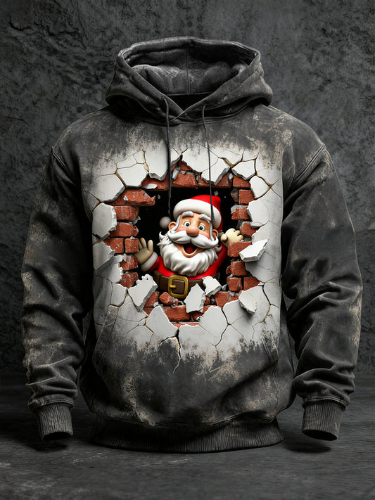 Sweat à Capuche Homme Noir Imprimé Détresse Santa Breaking Brick